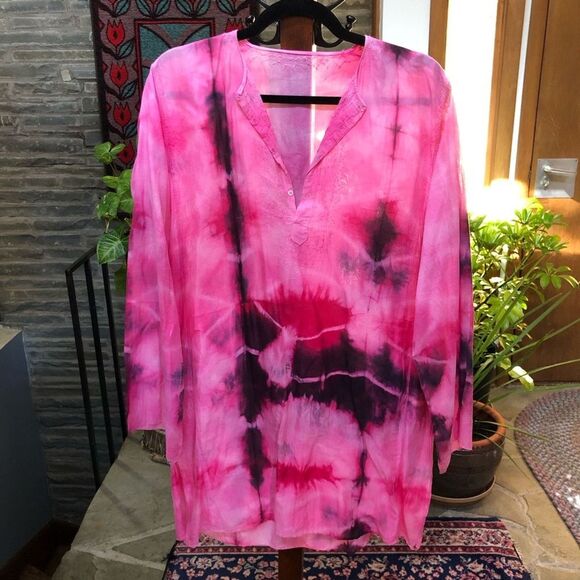 80s Vintage Indian Import V-Neck Tunic – Hand Dyed Pink, Red, Black size L - Picture 2 of 6